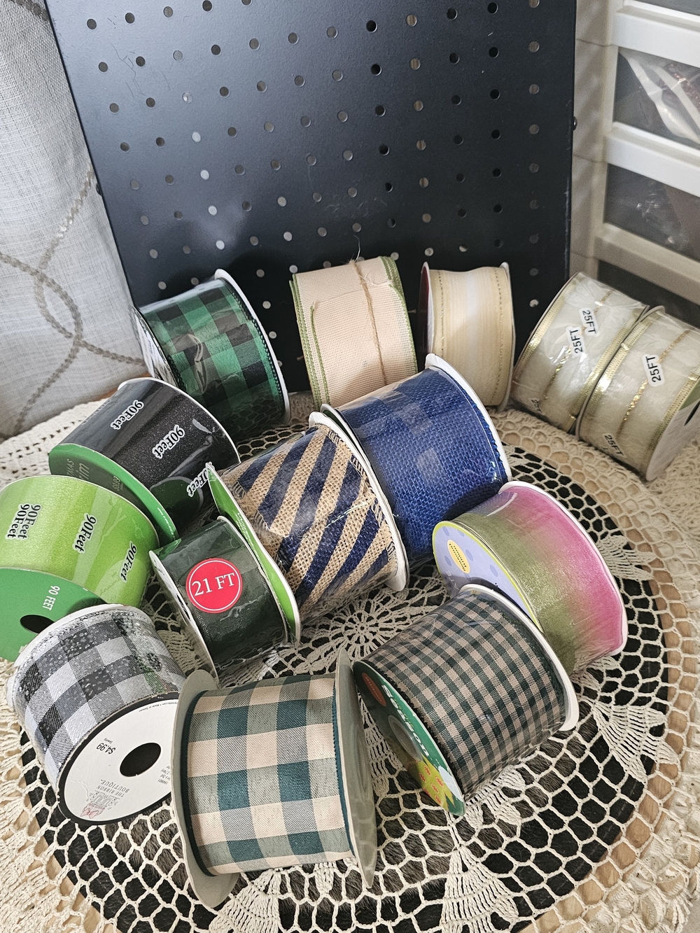 Decorative Plaid and Solid Ribbon Bundle in Green, Blue, Black, Pink and Cream